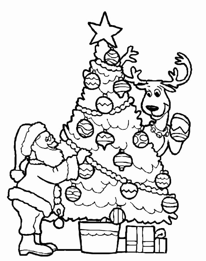 산타가 크리스마스 트리를 장식하고 있다 coloring page