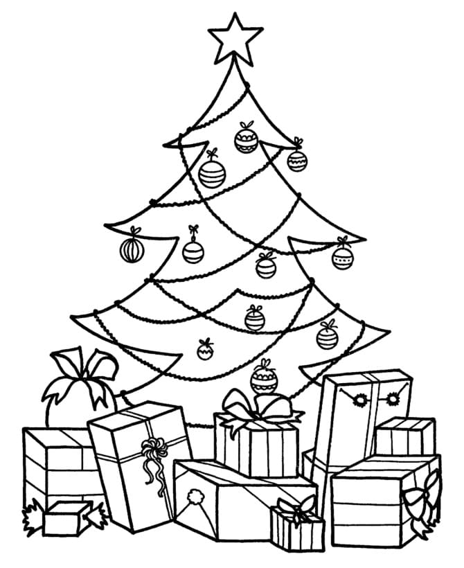 선물과 크리스마스 트리 coloring page