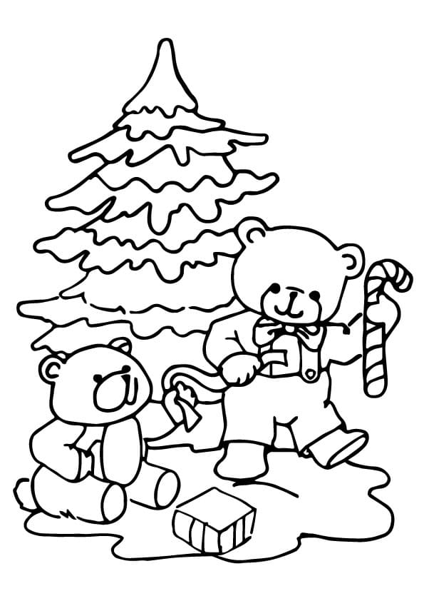 테디 베어와 크리스마스 트리 coloring page
