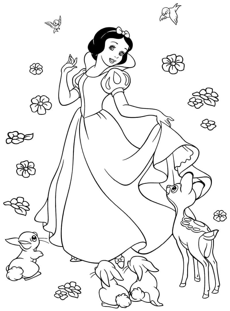 동물들과 함께 있는 백설공주 coloring page