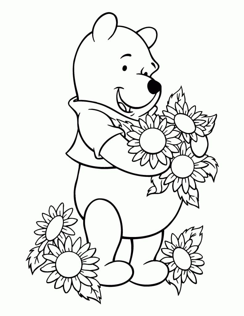 꽃을 들고 있는 곰돌이 푸 coloring page