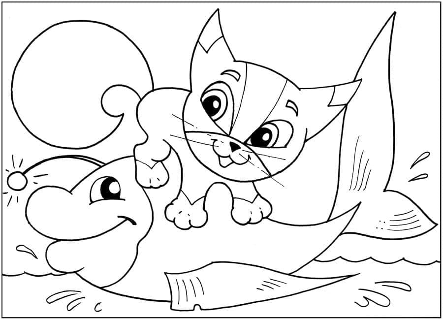 새끼 고양이와 큰 물고기 coloring page