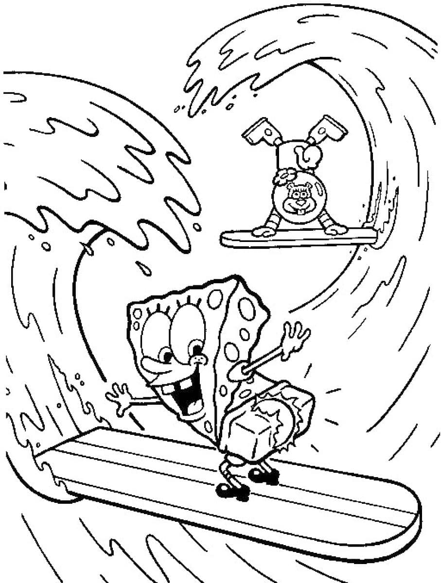 샌디 치크와 스폰지밥 서핑 coloring page