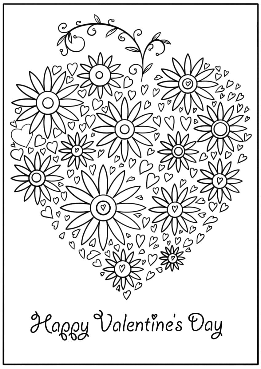 꽃과 발렌타인 카드 coloring page