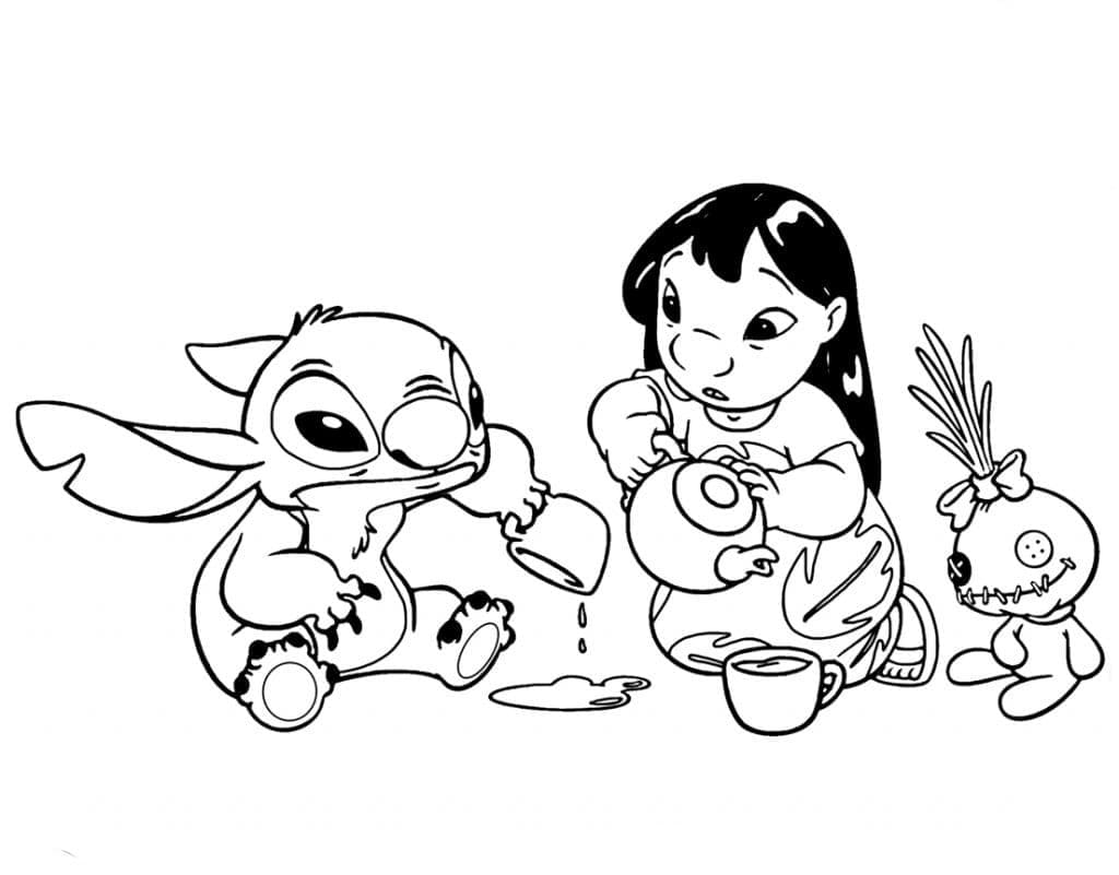 릴로와 스티치가 차를 마시고 있다 coloring page