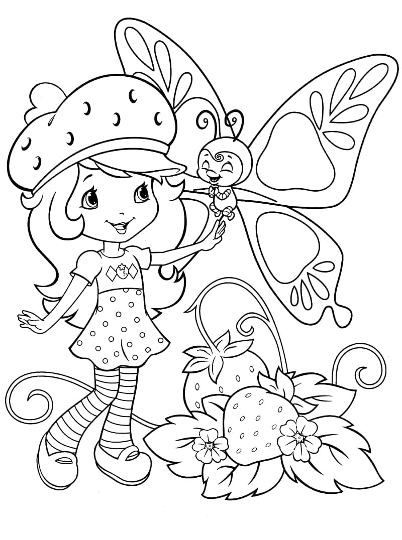 딸기 쇼트케이크와 귀여운 나비 coloring page