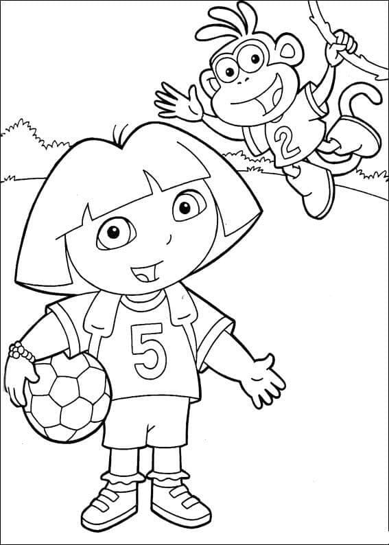 축구를 하는 도라와 부츠 coloring page