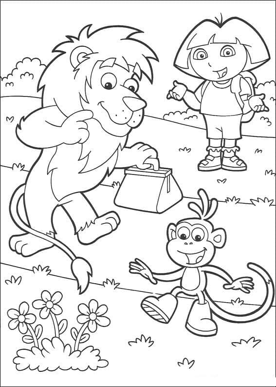 레온과 부츠를 들고 있는 도라 coloring page