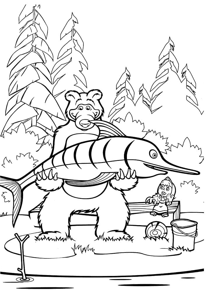 마샤와 곰과 큰 물고기 coloring page