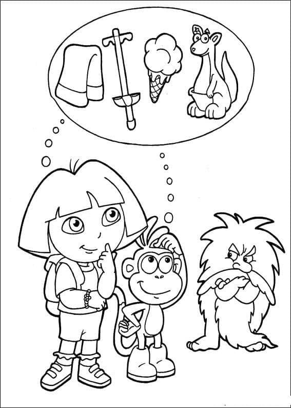 심술궂은 늙은 트롤과 함께 있는 도라와 부츠 coloring page