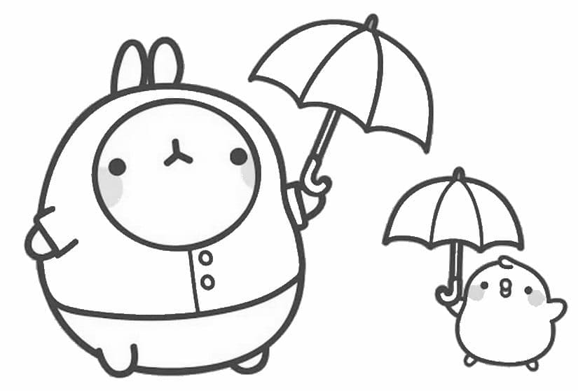 우산을 들고 있는 몰랑이와 피우삐우 색칠 페이지
