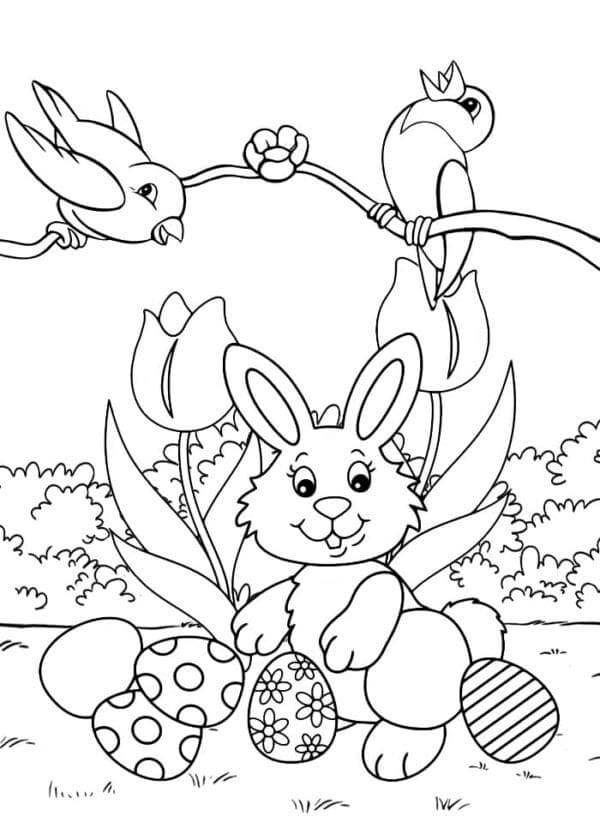 부활절 달걀과 새가 있는 토끼 coloring page