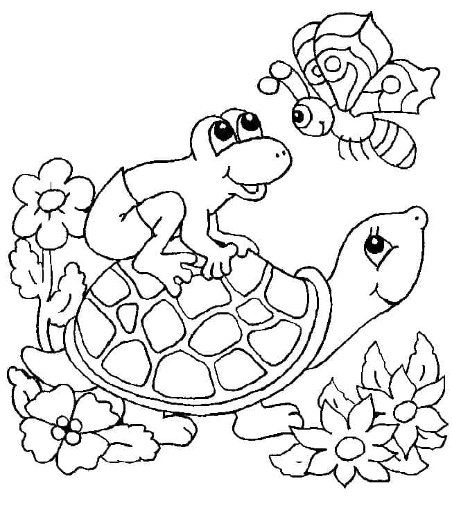 개구리와 나비가 있는 거북이 coloring page