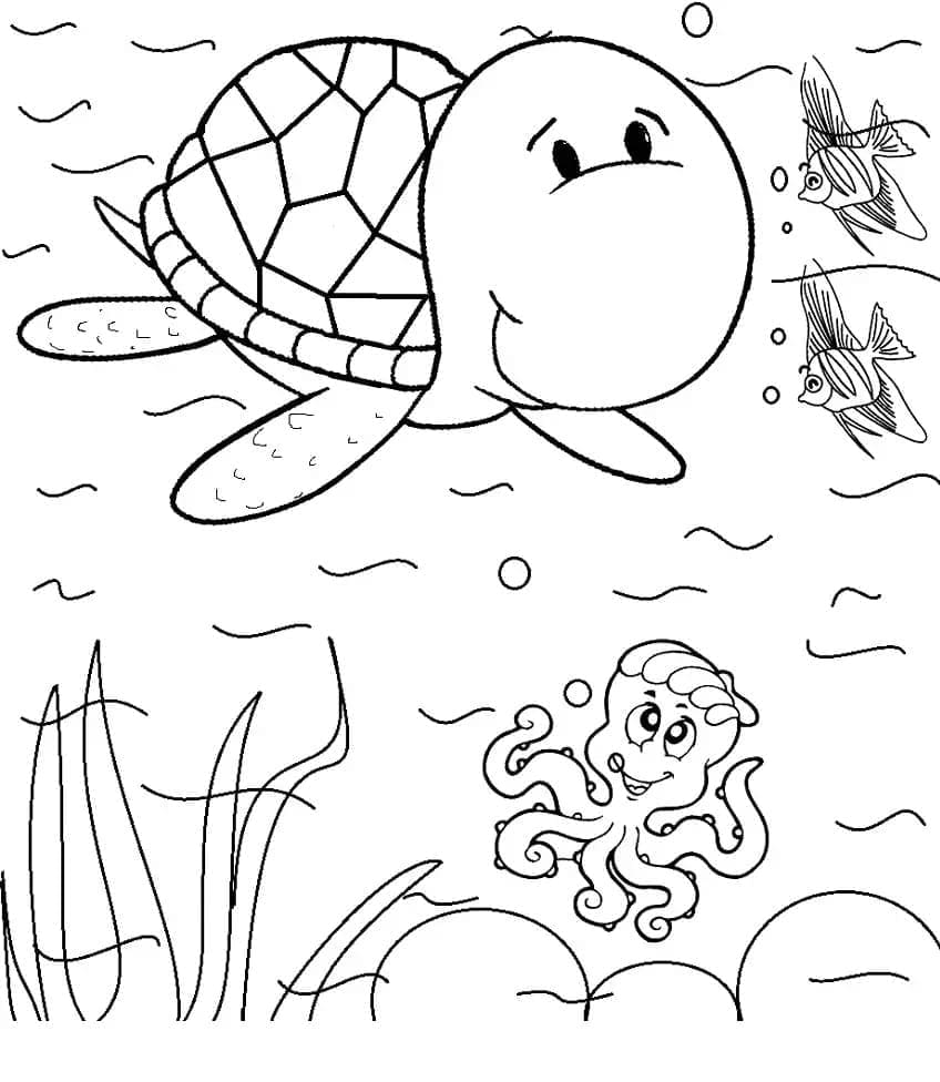 귀여운 거북이와 문어 coloring page