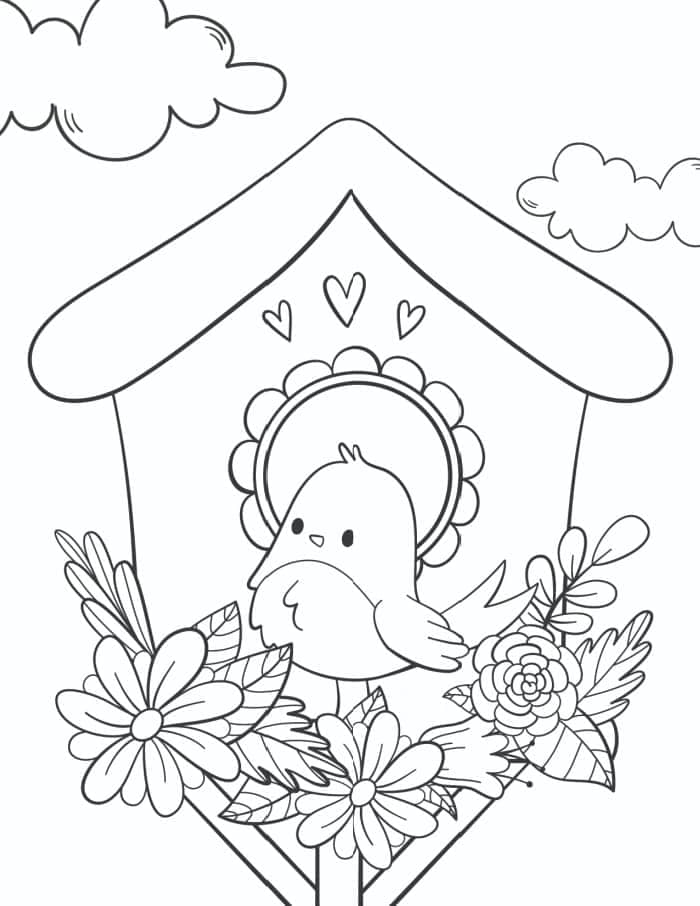 귀여운 새 둥지와 꽃 coloring page