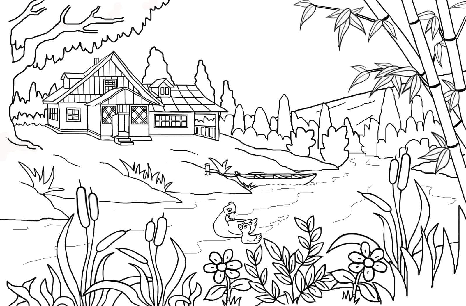 호숫가 집 풍경 coloring page