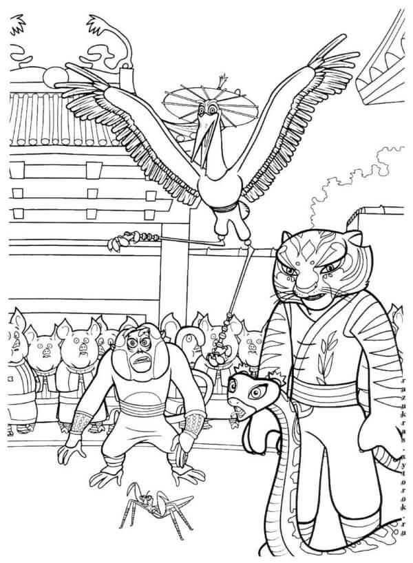 친구들은 팬더의 싸움 기술에 놀랐습니다. coloring page