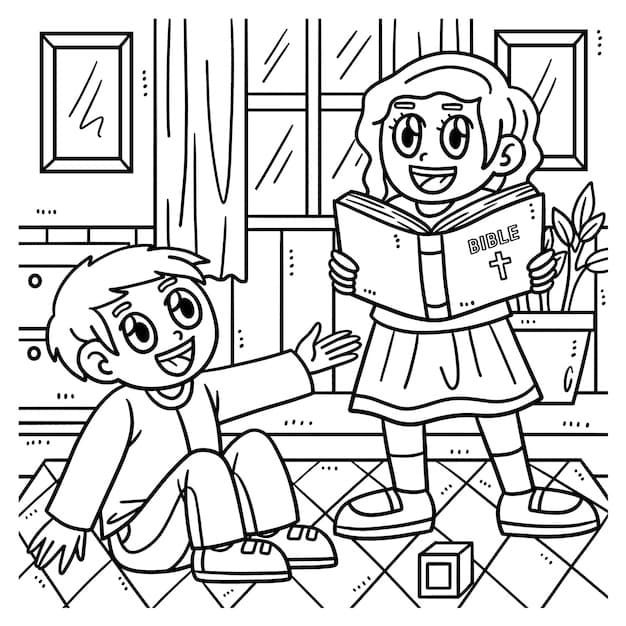 두 아이가 성경을 읽고 있다 coloring page