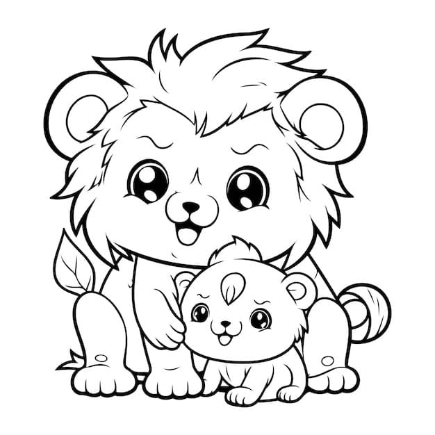 두 마리 사자 귀여운 캐릭터 coloring page