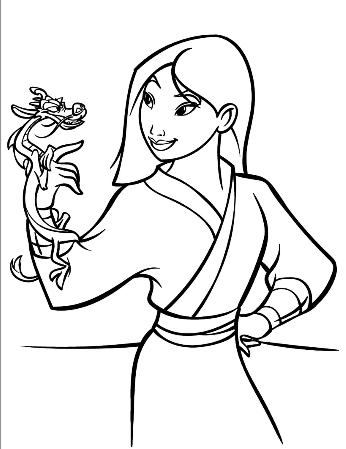 무슈를 안고 있는 뮬란 coloring page