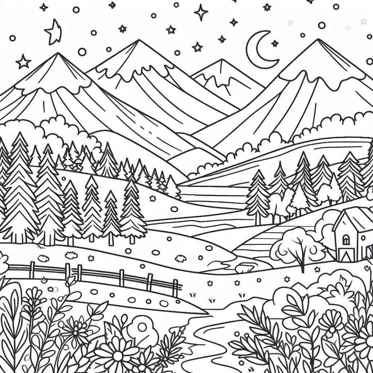 아름다운 산의 풍경 coloring page