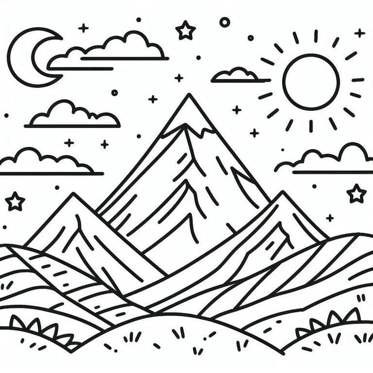 태양과 달이 있는 산 coloring page