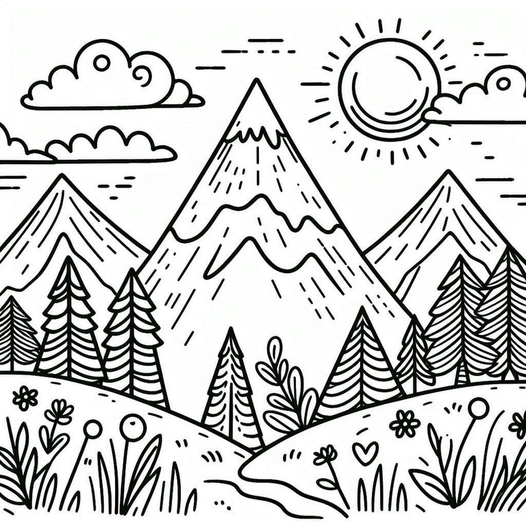 태양이 있는 산 coloring page