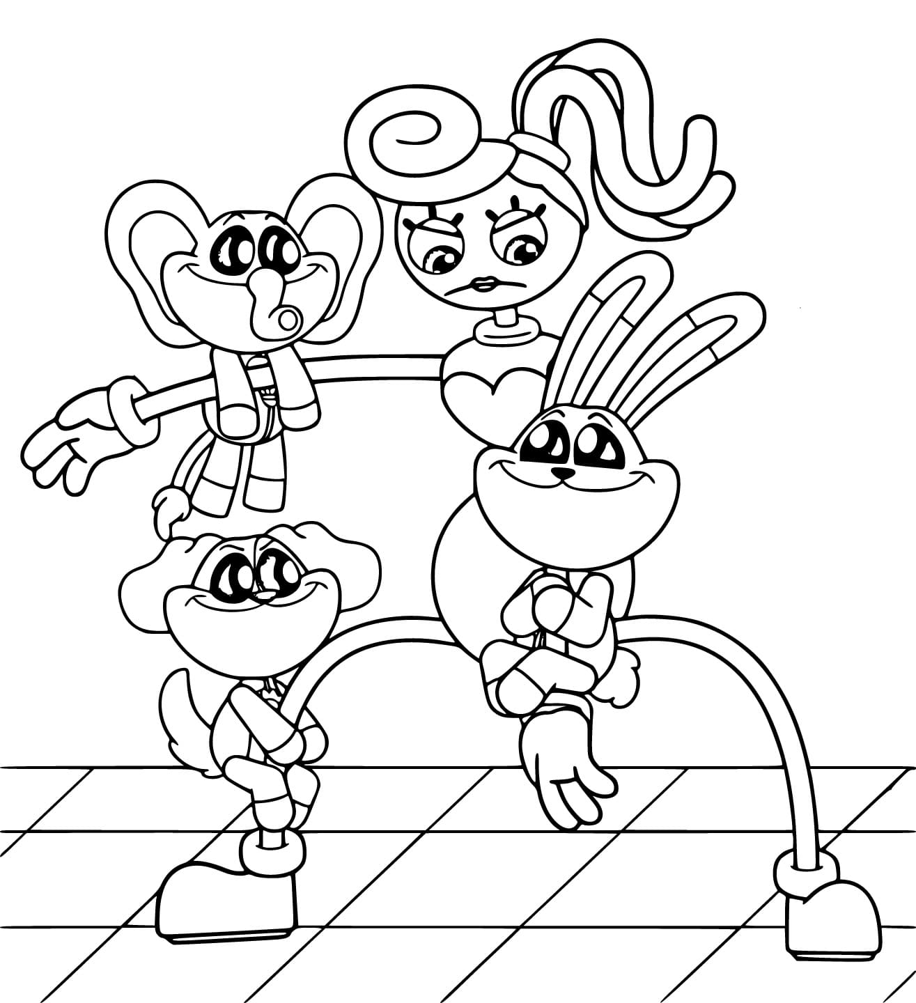 미소 짓는 작은 동물들과 엄마 긴 다리 coloring page